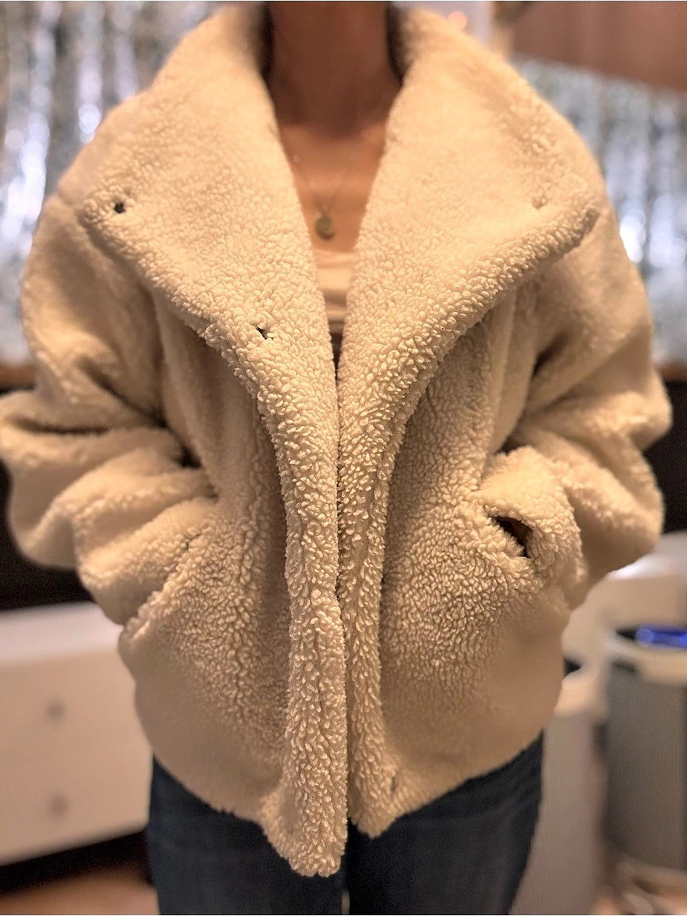 FRAME Cream Teddy Sherpa Oversized Cropped Jacket Size Small Like New